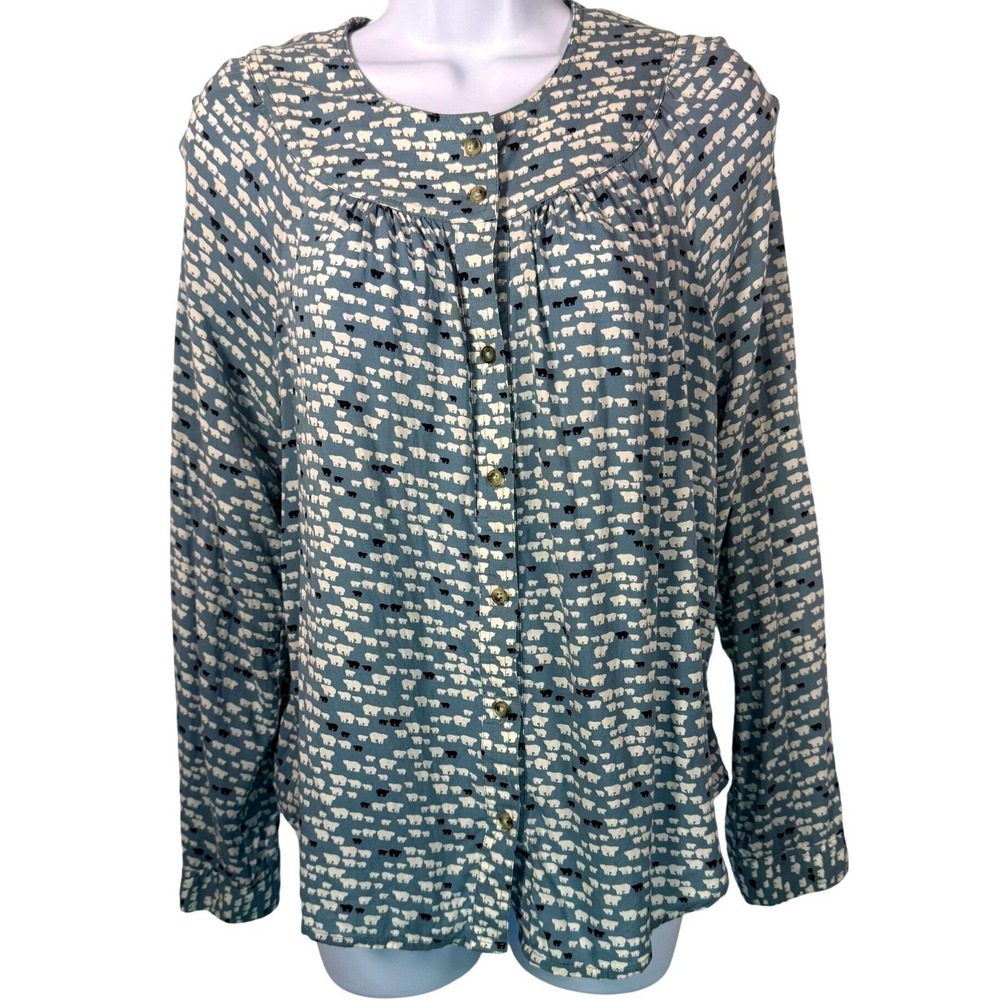 Anthropologie Conversations Bear‎ Print Long Sleeve Blouse Light Transistional